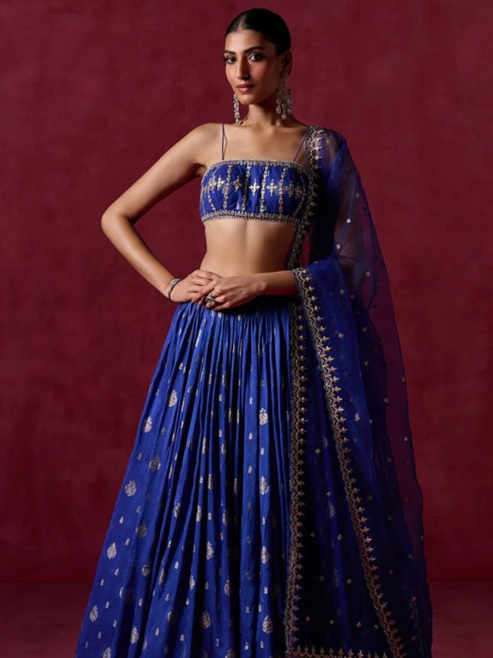 BNWT Lashkaraa Royal Blue Embroidered Brocade Lehenga - Size XXS